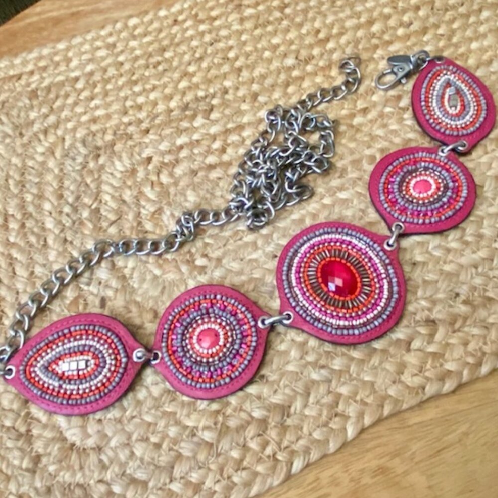 Chicos Ibiza Belt Leather Beaded Medallions Chain Boho